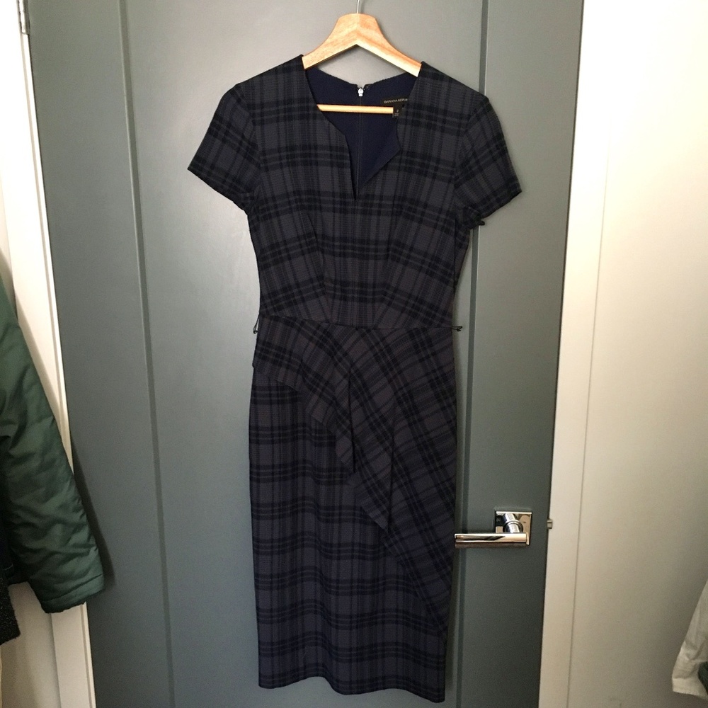 Banana Republic Navy and Black Plaid Midi Dress